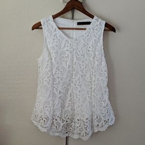 White stretch scalloped lace tank blouse sz L